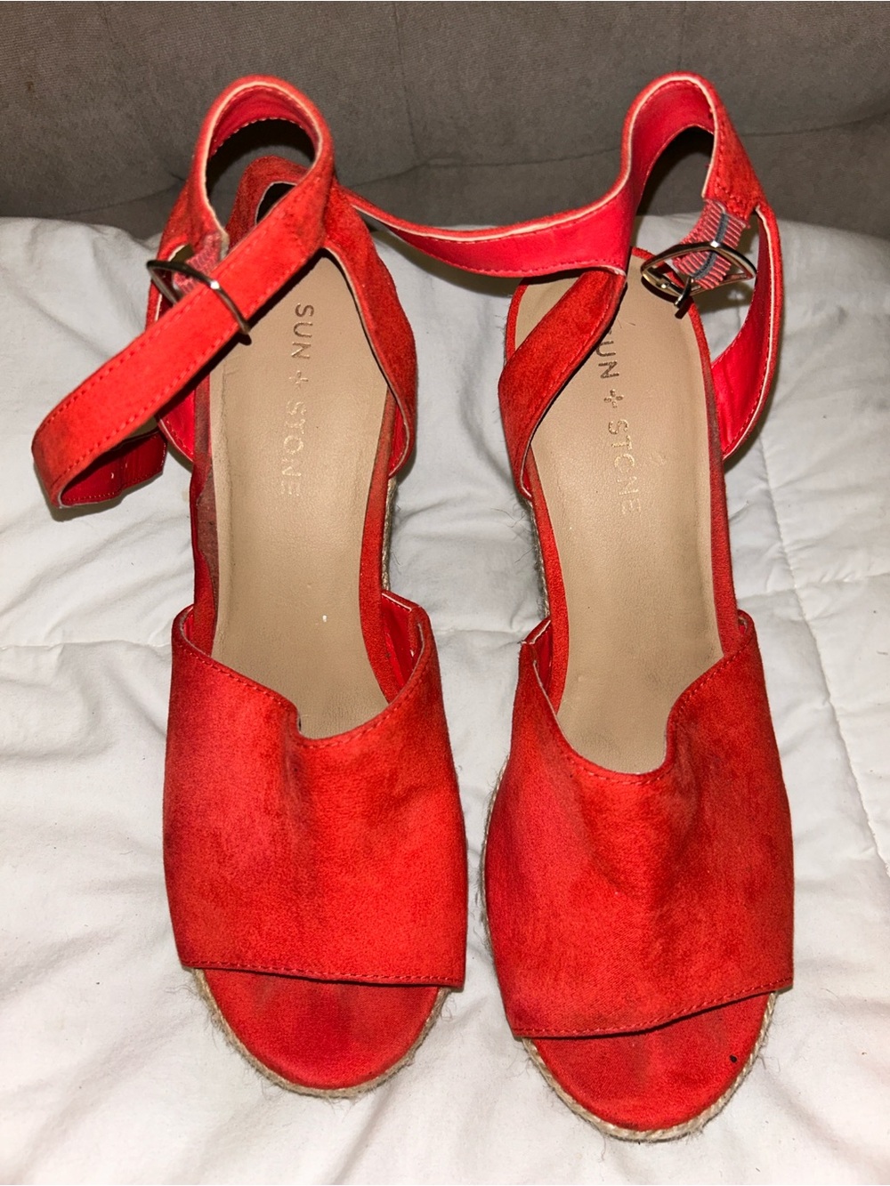 Sun + Stone Vibrant Red Suede Ankle-Strap Wedge Sandals